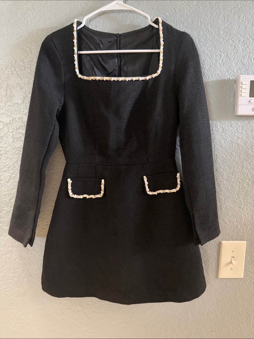 Black Long-Sleeve Tweed Mini Dress with Pearl Trim